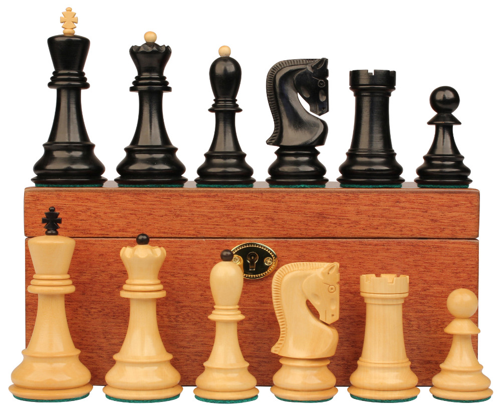 Zagreb Series Chess Set - Ebonized & Boxwood Pieces - Mahogany Classic Chess Box - 3.25" King